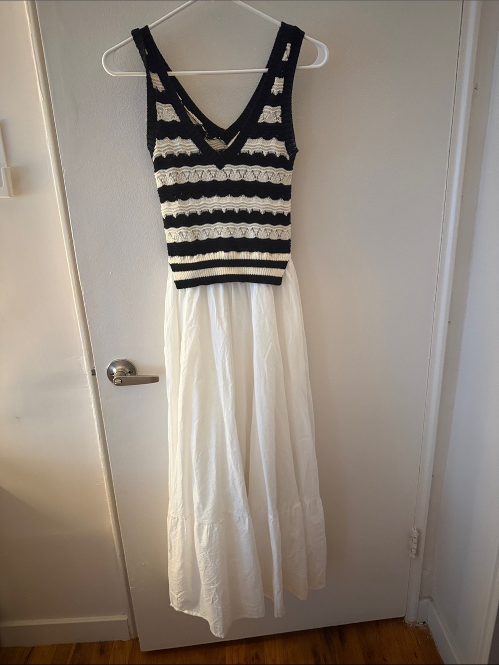 Elan Black & White Striped Knit Bodice Maxi Dress